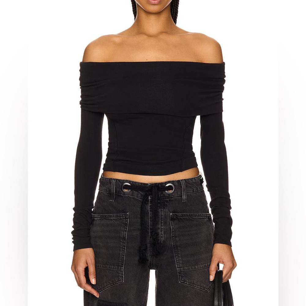 Free People Black Off-the-Shoulder Long Sleeve Crop Top